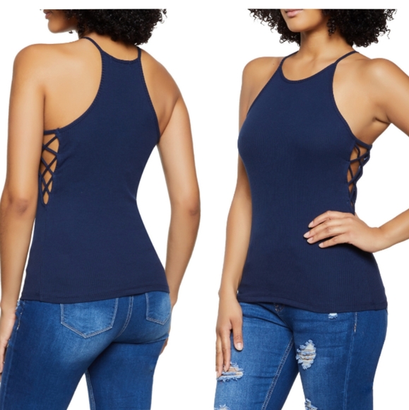 Navy ribbed halter high neck cutout side tank top - Picture 1 of 2